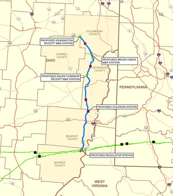 Texas Eastern Transmission's proposed pipeline would extend from the Kensington processing plant in Columbiana County to an interconnection with Texas Eastern’s system in Monroe County.