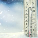 Thermometer,On,Snow,Shows,Low,Temperatures,In,Celsius,Or,Farenheit.